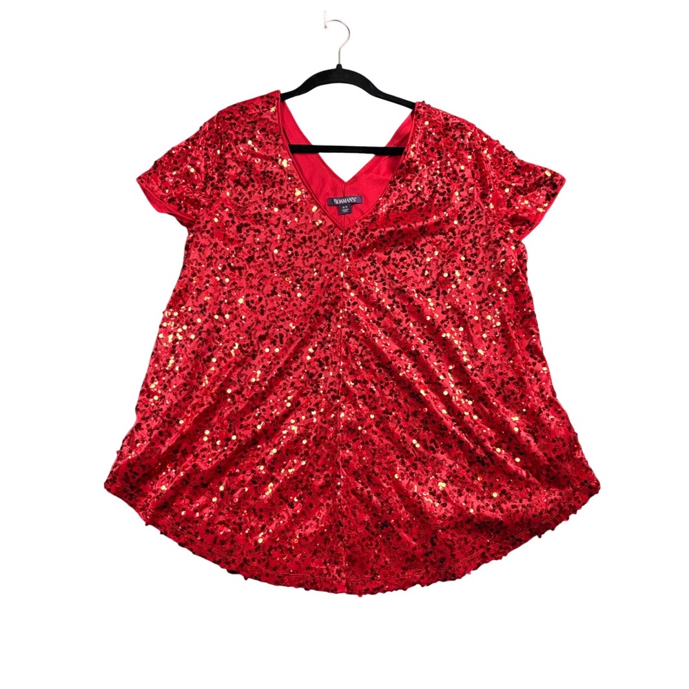 Roaman's‎ Red Sequin Party Top Womens 18W V-Neck Sparkly Holiday Glam Blouse